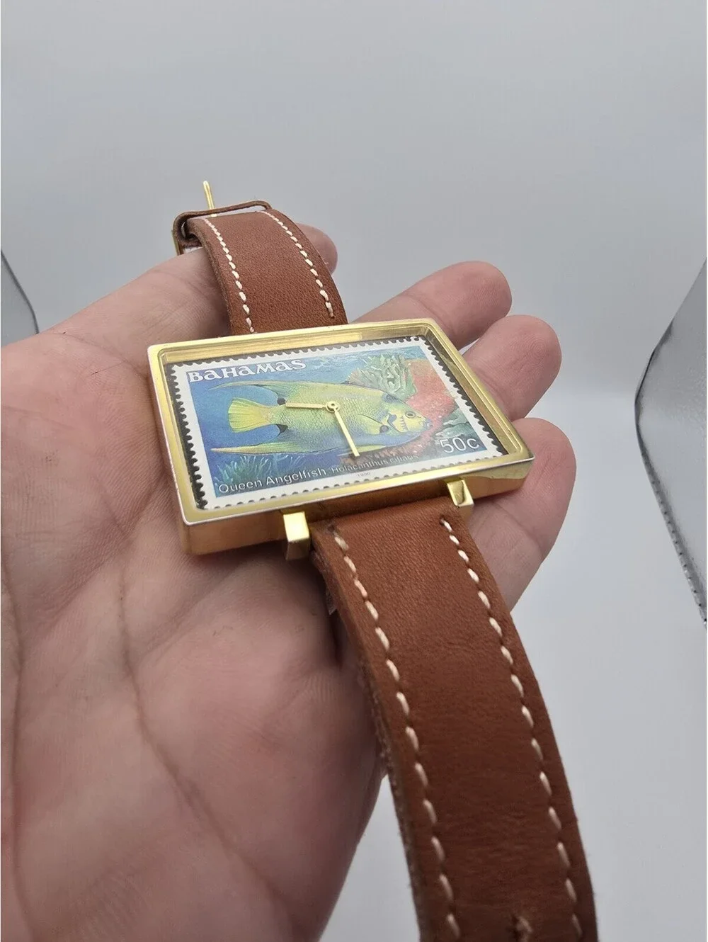 Renato 0690 Quartz Analog Rectangle Watch Stamp Fish Dial Brown Leather Strap